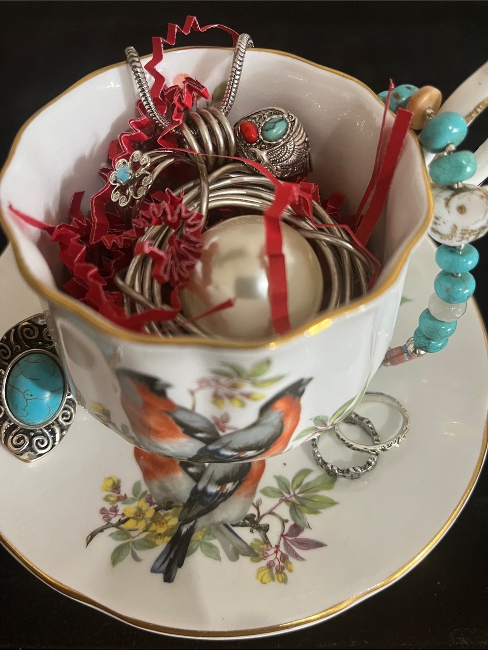 Cottagecore Artisan Bird’s Nest Pearl Necklace Teacup Turquoise Ring Set